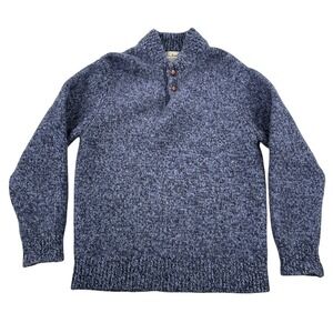 LL Bean Sweater Mens Medium Blue Marled Lambswool Henley Mock Neck 285174